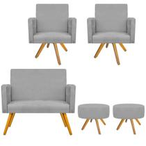 Kit Namoradeira, 02 Poltronas Beatriz e 02 Puff Sofia Base Giratória de Madeira Suede Cinza - DAMAFFÊ MÓVEIS