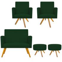 Kit Namoradeira, 02 Poltronas Beatriz e 02 Puff Sofia Base Giratória de Madeira Suede Verde - DAMAFFÊ MÓVEIS