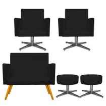 Kit Namoradeira, 02 Poltronas Beatriz e 02 Puff Sofia Base Giratória de Metal Corano Preto - DAMAFFÊ MÓVEIS