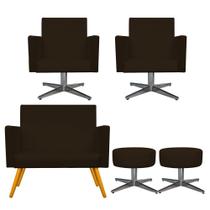 Kit Namoradeira, 02 Poltronas Beatriz e 02 Puff Sofia Base Giratória de Metal Sala de Estar Corano Marrom