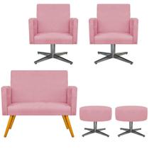 Kit Namoradeira, 02 Poltronas Beatriz e 02 Puff Sofia Base Giratória de Metal Suede Rosa Bebê - DAMAFFÊ MÓVEIS
