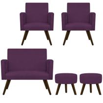 Kit Namoradeira, 02 Poltronas Beatriz e 02 Puff Sofia Palito Tabaco Sala de Espera Recepção Suede Roxo