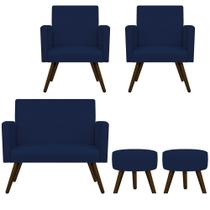 Kit Namoradeira, 02 Poltronas Beatriz e 02 Puff Sofia Palito Tabaco Suede Azul Marinho - DAMAFFÊ MÓVEIS
