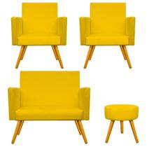 Kit Namoradeira, 02 Poltronas Beatriz e Puff Sofia Palito Mel Sala de Estar Corano Amarelo