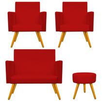 Kit Namoradeira, 02 Poltronas Beatriz e Puff Sofia Palito Mel Sala de Estar Corano Vermelho