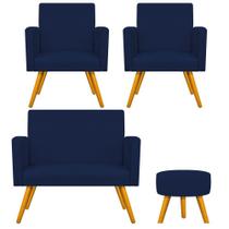 Kit Namoradeira, 02 Poltronas Beatriz e Puff Sofia Palito Mel Sala de Estar Suede Azul Marinho