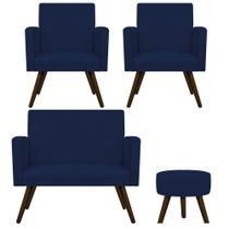 Kit Namoradeira, 02 Poltronas Beatriz e Puff Sofia Palito Tabaco Sala de Estar Suede Azul Marinho