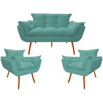 Kit Namoradeira + 02 Poltronas Decorativa para Sala de Estar Quarto Recepção Clinica Opala Jm interiores Suede Turqueza