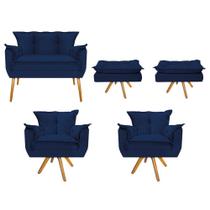 Kit Namoradeira, 02 Poltronas e 02 Puff Opala Base Giratória de Madeira Quarto Sala Suede Azul Marinho Kit Namoradeira, 02 Poltronas e 02 Puff Opala Base Giratória de Madeira Quarto Sala Suede Azul Marinho