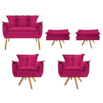 Kit Namoradeira, 02 Poltronas e 02 Puff Opala Base Giratória de Madeira Quarto Sala Suede Pink