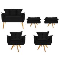Kit Namoradeira, 02 Poltronas e 02 Puff Zatti Base Giratória de Madeira Suede Preto - KDAcanto Móveis