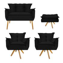 Kit Namoradeira, 02 Poltronas e Puff Opala Base Giratória de Madeira Suede Preto - ADJ Decor