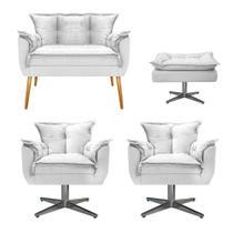 Kit Namoradeira, 02 Poltronas e Puff Opala Base Giratória de Metal Suede Branco - ADJ Decor