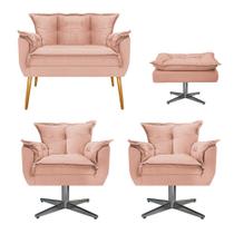 Kit Namoradeira, 02 Poltronas e Puff Zatti Base Giratória de Metal Suede Rosê - DAMAFFÊ MÓVEIS