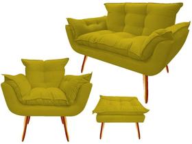 Kit Namoradeira + 1 Poltrona + 1 Puff Decorativo Opala Suede Amarelo Pés Madeira Mz Decor