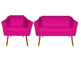 Kit Namoradeira + 1 Poltrona Decorativa Agatha Couro Rosa Pink Pés Madeira Ms Decor