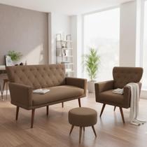 Kit Namoradeira + 1 Poltrona Decorativa Aurora + Puff Redondo Suede Marrom Pés Madeira Ms Decor Kit Namoradeira + 1 Poltrona Decorativa Aurora + Puff Redondo Suede Marrom Pés Madeira Ms Decor