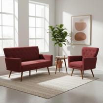 Kit Namoradeira + 1 Poltrona Decorativa Aurora Suede Marsala Pés Madeira Mz Decor Kit Namoradeira + 1 Poltrona Decorativa Aurora Suede Marsala Pés Madeira Mz Decor