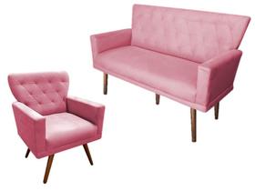 Kit Namoradeira + 1 Poltrona Decorativa Aurora Suede Rosa Pés Madeira Ms Decor Kit Namoradeira + 1 Poltrona Decorativa Aurora Suede Rosa Pés Madeira Ms Decor