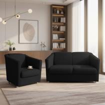 Kit Namoradeira + 1 Poltrona Decorativa Biane Couro Preto Pés Cromado Mz Decor Kit Namoradeira + 1 Poltrona Decorativa Biane Couro Preto Pés Cromado Mz Decor