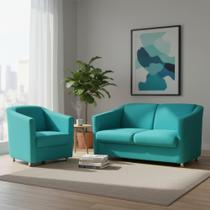 Kit Namoradeira + 1 Poltrona Decorativa Biane Suede Azul Turquesa Pés Cromado Mz Decor Kit Namoradeira + 1 Poltrona Decorativa Biane Suede Azul Turquesa Pés Cromado Mz Decor