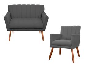 Kit Namoradeira + 1 Poltrona Decorativa Cecília Suede Cinza Pés Madeira Mz Decor
