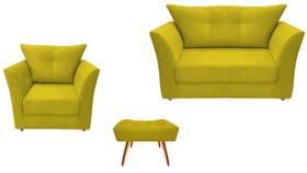 Kit Namoradeira + 1 Poltrona Decorativa Isis + 1 Puff Retangular Couro Amarelo Pés Madeira Ms Decor