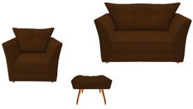 Kit Namoradeira + 1 Poltrona Decorativa Isis + 1 Puff Retangular Couro Marrom Pés Madeira Ms Decor