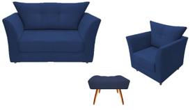 Kit Namoradeira + 1 Poltrona Decorativa Isis + 1 Puff Retangular Suede Azul Marinho Pés Madeira Mz Decor