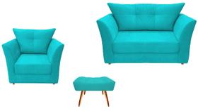 Kit Namoradeira + 1 Poltrona Decorativa Isis + 1 Puff Retangular Suede Azul Turquesa Pés Madeira Ms Decor