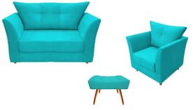 Kit Namoradeira + 1 Poltrona Decorativa Isis + 1 Puff Retangular Suede Azul Turquesa Pés Madeira Mz Decor