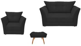 Kit Namoradeira + 1 Poltrona Decorativa Isis + 1 Puff Retangular Suede Preto Pés Madeira Ms Decor