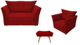 Kit Namoradeira + 1 Poltrona Decorativa Isis + 1 Puff Retangular Suede Vermelho Pés Madeira Mz Decor Kit Namoradeira + 1 Poltrona Decorativa Isis + 1 Puff Retangular Suede Vermelho Pés Madeira Mz Decor