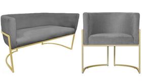 Kit Namoradeira + 1 Poltrona Decorativa Luana Suede Cinza Base Dourada Ms Decor