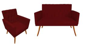 Kit Namoradeira + 1 Poltrona Decorativa Nina Capitonê Suede Marsala Pés Madeira Mz Decor