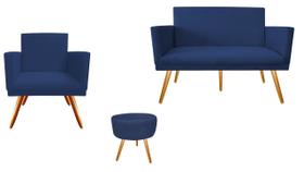 Kit Namoradeira + 1 Poltrona Decorativa Nina + Puff Redondo Suede Azul Marinho Pés Madeira Ms Decor Kit Namoradeira + 1 Poltrona Decorativa Nina + Puff Redondo Suede Azul Marinho Pés Madeira Ms Decor
