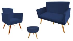 Kit Namoradeira + 1 Poltrona Decorativa Nina + Puff Redondo Suede Azul Marinho Pés Madeira Mz Decor Kit Namoradeira + 1 Poltrona Decorativa Nina + Puff Redondo Suede Azul Marinho Pés Madeira Mz Decor