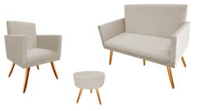 Kit Namoradeira + 1 Poltrona Decorativa Nina + Puff Redondo Suede Bege Pés Madeira Mz Decor Kit Namoradeira + 1 Poltrona Decorativa Nina + Puff Redondo Suede Bege Pés Madeira Mz Decor