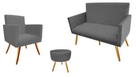 Kit Namoradeira + 1 Poltrona Decorativa Nina + Puff Redondo Suede Cinza Pés Madeira Mz Decor Kit Namoradeira + 1 Poltrona Decorativa Nina + Puff Redondo Suede Cinza Pés Madeira Mz Decor