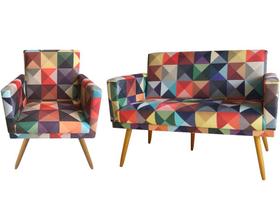 Kit Namoradeira + 1 Poltrona Decorativa Nina Suede Triângulo Pés Madeira Ms Decor