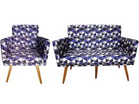 Kit Namoradeira + 1 Poltrona Decorativa Nina Suede Triângulo Roxo Pés Madeira Ms Decor