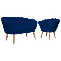 Kit Namoradeira + 1 Poltrona Decorativa Pétala Suede Azul Marinho Pés Madeira Mz Decor