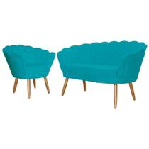 Kit Namoradeira + 1 Poltrona Decorativa Pétala Suede Azul Turquesa Pés Madeira Ms Decor Kit Namoradeira + 1 Poltrona Decorativa Pétala Suede Azul Turquesa Pés Madeira Ms Decor