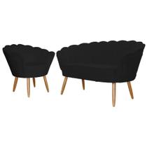 Kit Namoradeira + 1 Poltrona Decorativa Pétala Suede Preto Pés Madeira Ms Decor