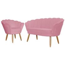 Kit Namoradeira + 1 Poltrona Decorativa Pétala Suede Rosa Pés Madeira Ms Decor