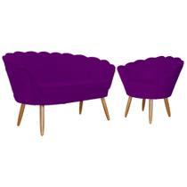 Kit Namoradeira + 1 Poltrona Decorativa Pétala Suede Roxo Pés Madeira Mz Decor