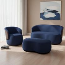 Kit Namoradeira + 1 Poltrona + Puff Decorativo Beatriz Orgânico Composê Couro Marrom Couro Azul Marinho Mz Decor