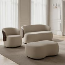 Kit Namoradeira + 1 Poltrona + Puff Decorativo Beatriz Orgânico Composê Couro Marrom Couro Bege Mz Decor Kit Namoradeira + 1 Poltrona + Puff Decorativo Beatriz Orgânico Composê Couro Marrom Couro Bege Mz Decor