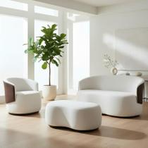 Kit Namoradeira + 1 Poltrona + Puff Decorativo Beatriz Orgânico Composê Couro Marrom Couro Branco Mz Decor Kit Namoradeira + 1 Poltrona + Puff Decorativo Beatriz Orgânico Composê Couro Marrom Couro Branco Mz Decor