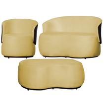 Kit Namoradeira + 1 Poltrona + Puff Decorativo Beatriz Orgânico Composê Couro Marrom Suede Amarelo Ms Decor Kit Namoradeira + 1 Poltrona + Puff Decorativo Beatriz Orgânico Composê Couro Marrom Suede Amarelo Ms Decor